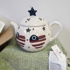 Home Interiors Patriotic Teapot Candle Holder Stars Hearts Americana Decor